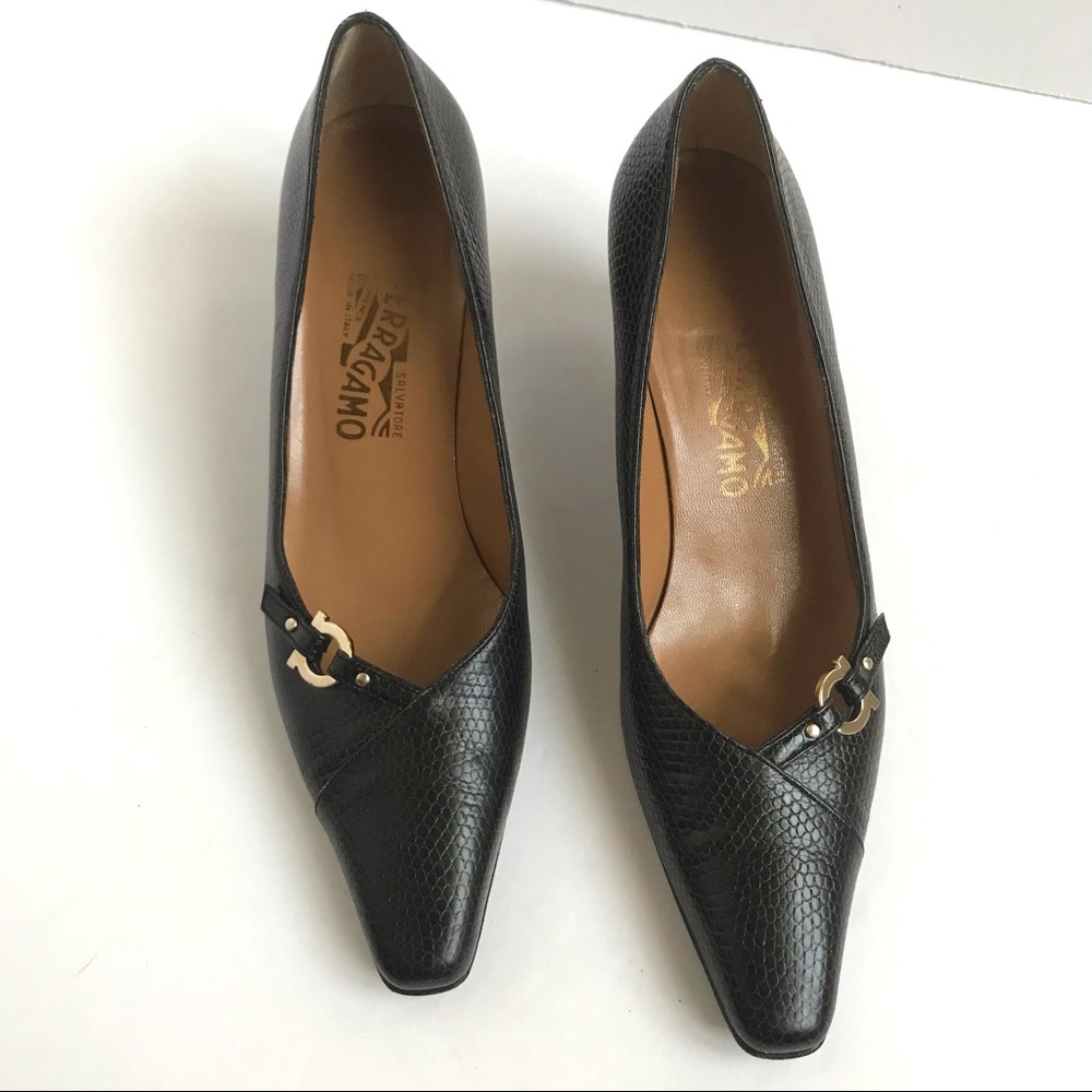 Salvatore Ferragamo Black Textured Leather Heels with Gold Accent